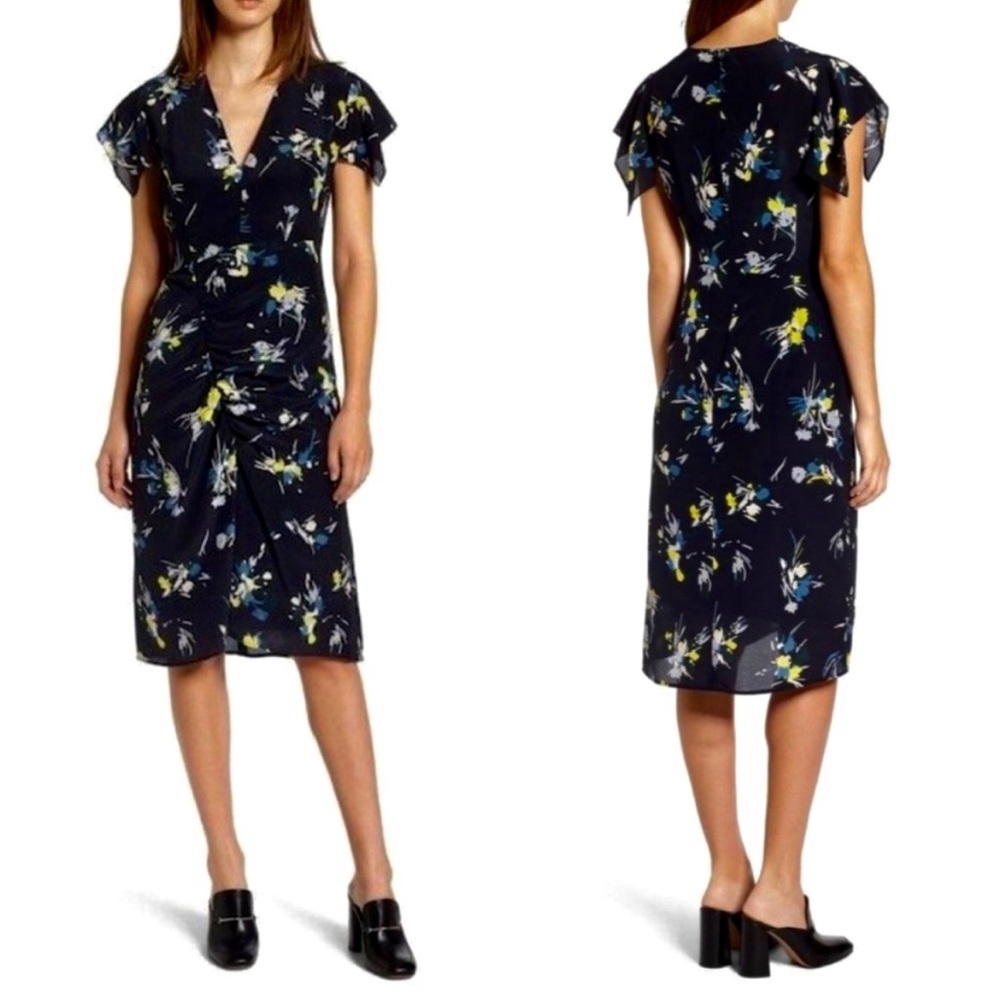 Lewit Navy Blue Floral Print 100% Silk Midi Dress, size 6